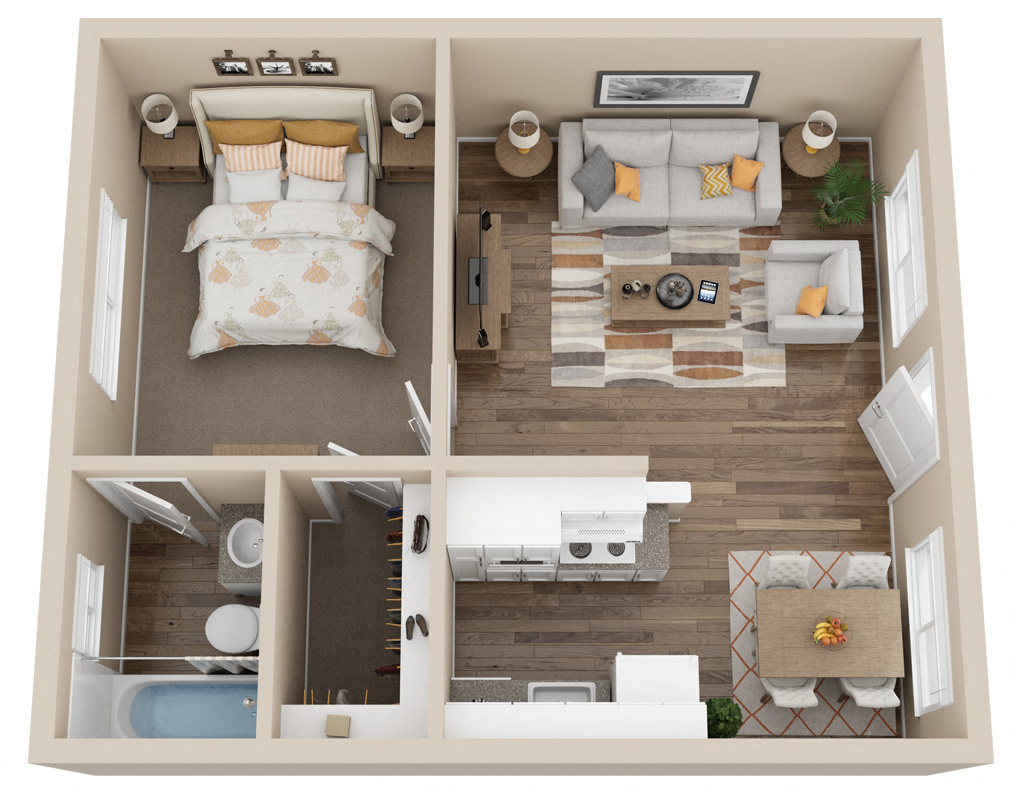 Floor plan for 1 bed, 1 bath, 475 sqft